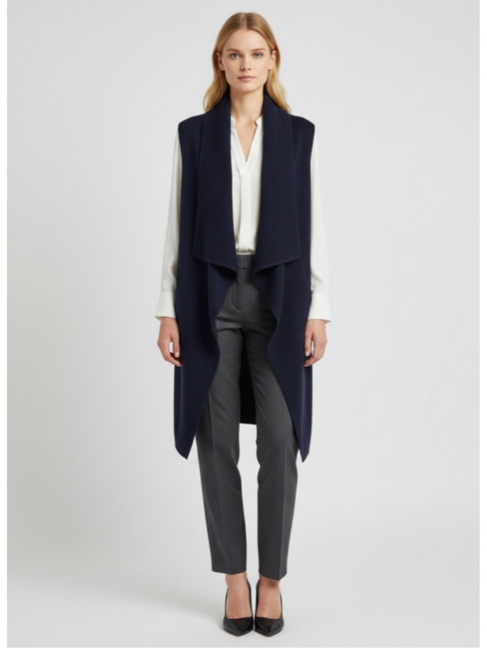 Donna Karan Pure Cashmere Waterfall Sleeveless Vest Cardigan Size Small Navy